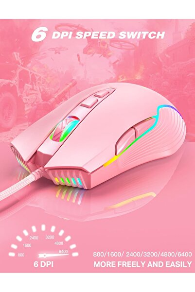 Generic Light Pink RGB Wired Gaming Mouse 6400 DPI Ergonomic USB Computer Mouse for PC & Laptop