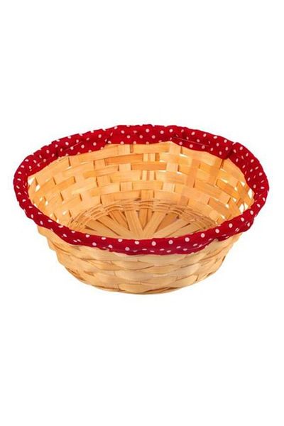 OEM Coș rotund decorativ din bambus cu material textil roșu și buline bej