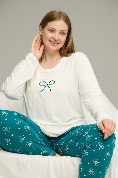 Siyah İnci Ecru Patterned Curve Large Size Oversized Oversized Cotton Pajamas Suit25240862