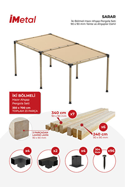 350x700 Ahşap Pergola Seti Iki Bölümlü 90 X 90 mm Ahşaplar Ve Hdp Tente Dahil