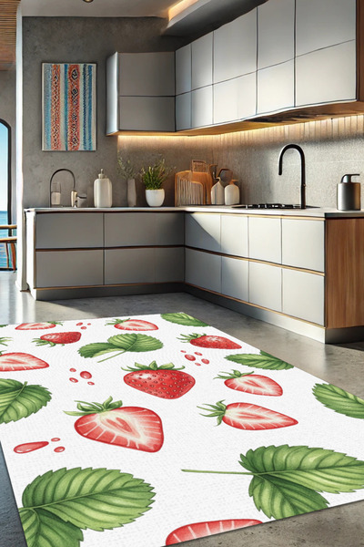 The Reef Design Çilek Desenli Halı Dijital Baskılı Dokuma Kaymaz Tabanlı Yıka...