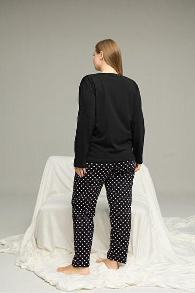 Siyah İnci Black Pattern Curve Large Size Battal Size Cotton Pajamas Suit25240864
