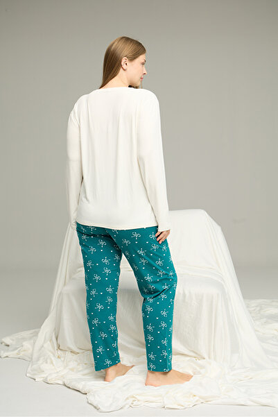 Siyah İnci ekru desenli Curve Büyük Beden Battal Boy Pamuklu Pijama Takım25240862