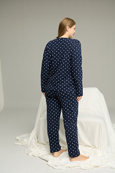 Siyah İnci Синій візерунковий Curve Великий розмір Бавовняний піжамний комплект 25240842