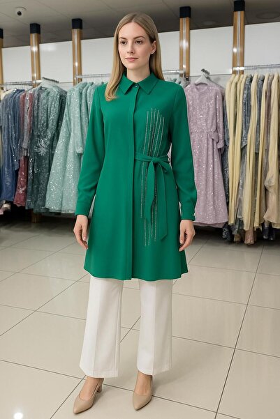 PERFECT 25210 ÖNÜ GİZLİ DÜĞMELİ YANDAN TAŞ DETAYLI VE BAĞLAMALI ŞIK GÖMLEK TUNİK #05-25#