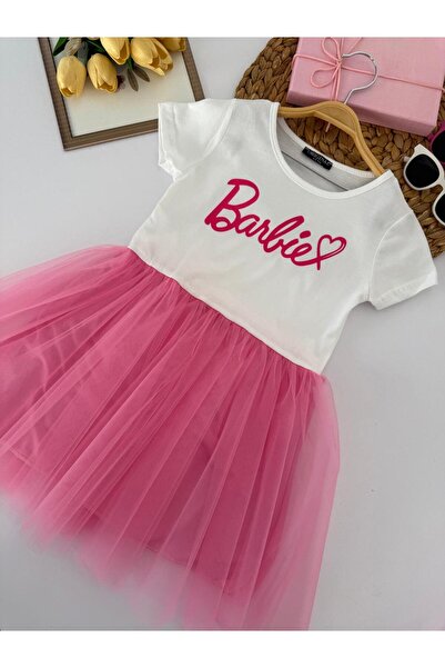 minnoşkidsbutik Kız Çocuk Pembe Tüllü Barbie Elbise