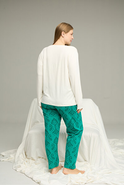 Siyah İnci Ecru Patterned Curve Large Size Oversized Cotton Pajama Set25240835