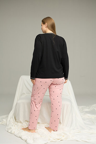 Siyah İnci Black Pattern Curve Large Size Battal Size Cotton Pajamas Suit25240850