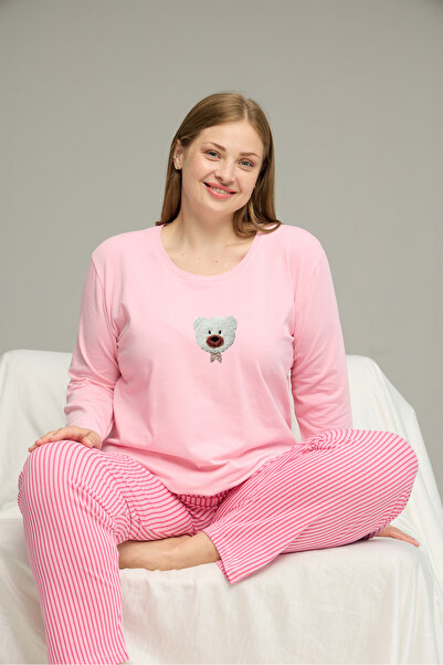 Siyah İnci pembe desenli Curve Büyük Beden Battal Boy Pamuklu Pijama Takım25240782