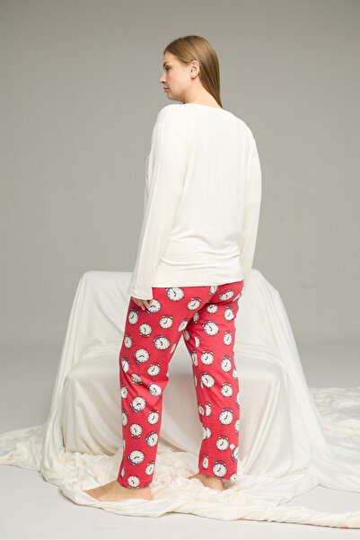 Siyah İnci Ecru Patterned Curve Large Size Oversized Oversized Cotton Pajama Set25240780