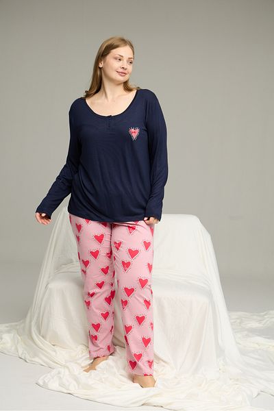 Siyah İnci Navy Blue Patterned Curve Large Size Battal Size Cotton Pajamas Suit25240767