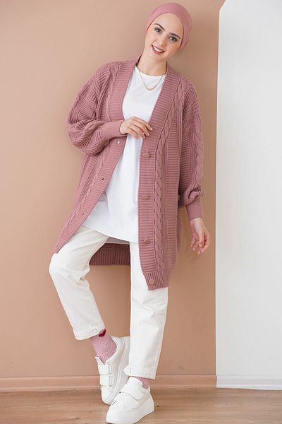 Merterium Women's Hijab Long Knitwear Cardigan Dusty Rose 1048