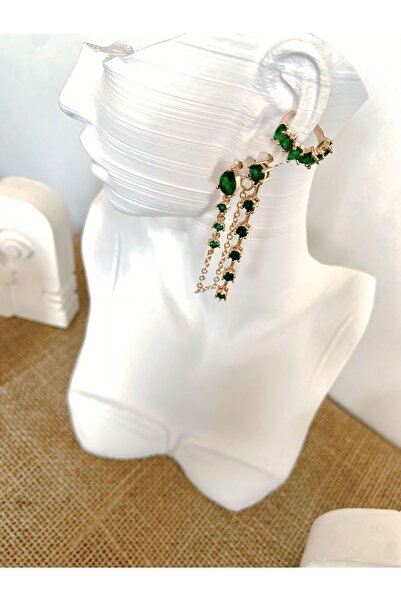 LilacAccessories Zarif Yeşil Taşlı Zincirli Küpe