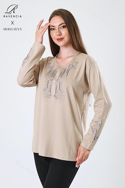 Ravencia Women's Middle Age and Above Viscose Drop Leaf Pattern Stoned Embroidered Lycra Beige Mother Combed Cotton Blouse