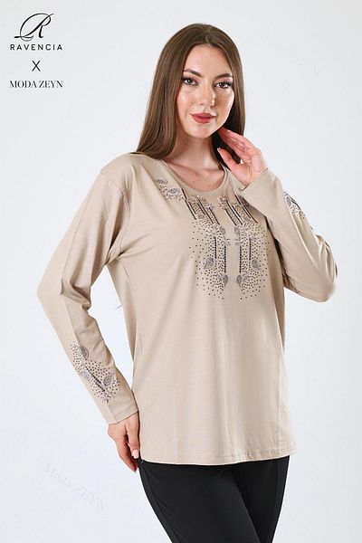 Ravencia Women's Middle Age and Above Viscose Drop Leaf Pattern Stoned Embroidered Lycra Beige Mother Combed Cotton Blouse