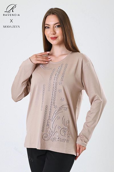Ravencia Women's Middle Age and Above Viscose Ring Stripe Pattern Stone Embroidered Lycra Beige Mother Combed Cotton Blouse