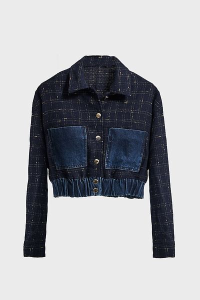 its basic Women's Dark Denim Color t 2W5-7 Woven Denim Fabric Blended Front Buttoned Special Design Bomber Jacket