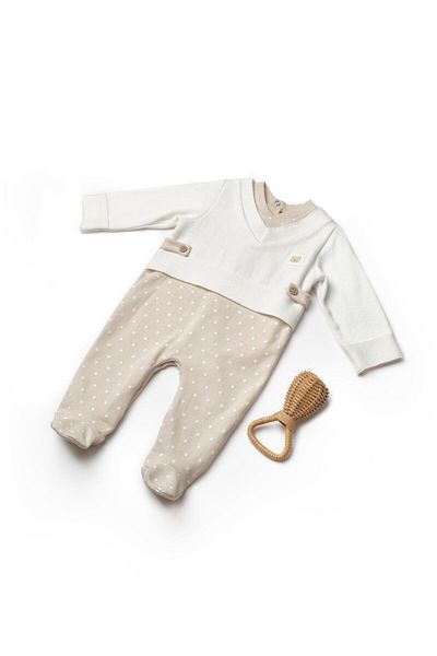 Magu Baby Boy Cotton Beige Suit Look Jumpsuit - Polka Dot and Knitwear Collar Detail
