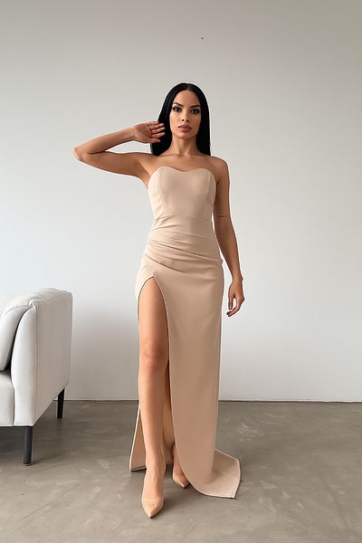 Deafox Beige Heart Neckline Deep Slit Detailed Scuba Fabric Dress