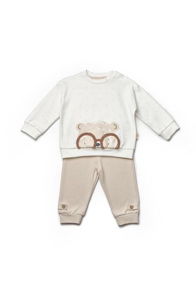 Magu Organic Cotton Unisex Baby Set of 2 - Teddy Bear Patterned Sweatshirt and Bottom with Glasses