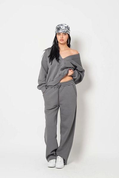 Bak Moda Set de trening oversize unisex de bază premium antracit cu cusături cu decolteu în V