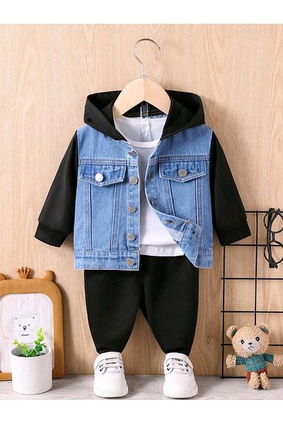 OEM Boys 2-piece set, denim jacket with hood and sweatpants, 18-24 months, 86-92 cm