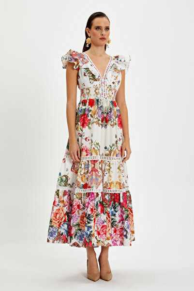 SERPİL Kadın Volan Kollu Desenli Elbise – V Yaka, Lastikli Bel, Astarlı