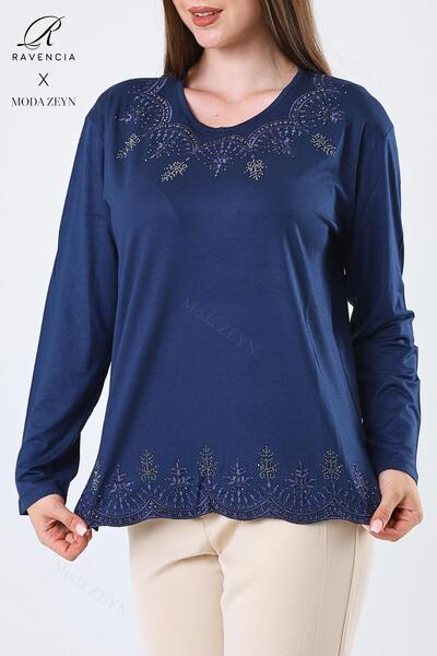 Ravencia Femei de vârstă mijlocie și peste Viscoză Model de frunze Fusta Guler Piatră Lycra brodată Indigo Mamă Bumbac pieptănat