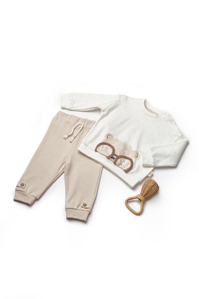 Magu Organic Cotton Unisex Baby Set of 2 - Teddy Bear Patterned Sweatshirt and Bottom with Glasses