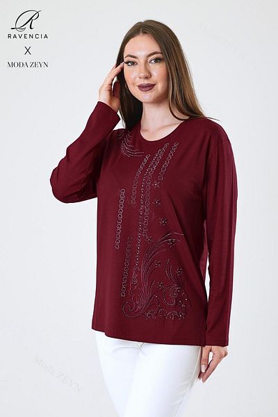 Ravencia Femei de vârstă mijlocie și peste Viscoză Inel Model de dungi Pietre brodate Lycra Bordeaux Mamă Bluză din bumbac pieptănat