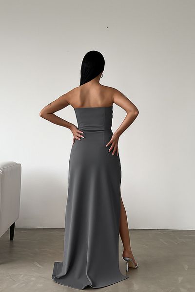 Deafox Dark Gray Heart Neckline Deep Slit Detail Scuba Fabric Dress