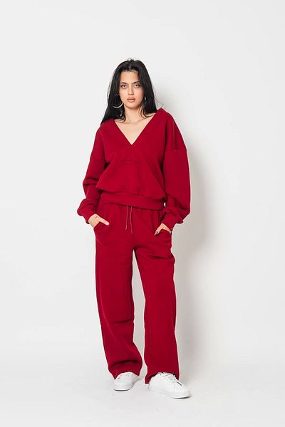 Bak Moda Oversize Unisex Basic Premium Claret Red Tracksuit Set with V-Neck Stitching Detail