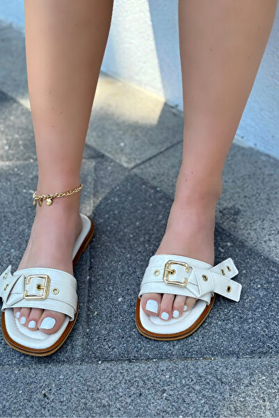 I Love Shoes Samaris Shiny Leather Beige Buckle Detailed Women's Slippers