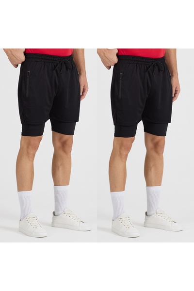 pandy 2'li Set Erkek Hızlı Kuruma Fermuarlı Özellikli Antrenman Halısaha Fitness Kısa Taytlı Spor Şort