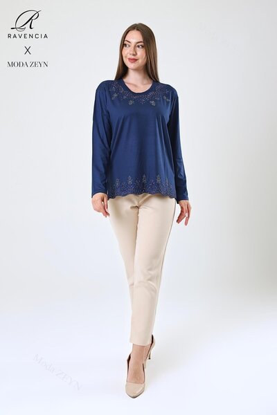 Ravencia Femei de vârstă mijlocie și peste Viscoză Model de frunze Fusta Guler Piatră Lycra brodată Indigo Mamă Bumbac pieptănat