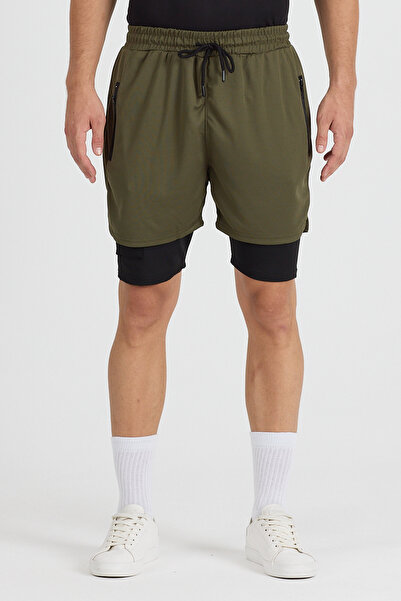 pandy Set of 2 Men's Quick Dry Zippered Training Field Fitness Sports Shorts with Short Leggings