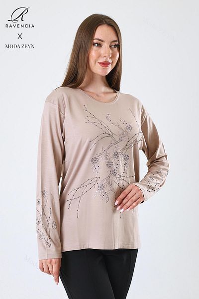 Ravencia Women's Middle Age and Above Viscose New Coating Pattern Stone Embroidered Lycra Beige Mother Combed Cotton Blouse