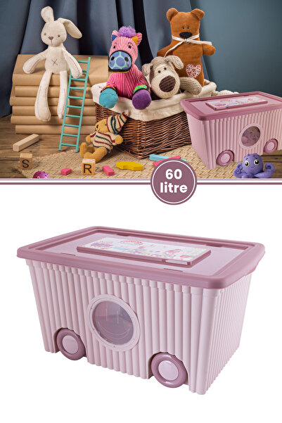 12den Tekerlekli Taşınabilir Bebek Çocuk Odası Oyuncak Saklama Kutusu Kapaklı Büyük Boy 60 litre Pembe