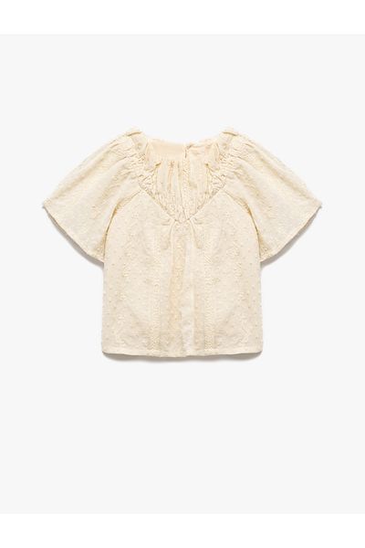 Koton Short Sleeve Balloon Sleeve Textured Gathered Neckline Blouse