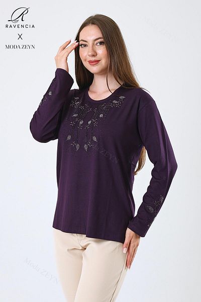 Ravencia Women's Middle Age and Above Viscose Drop Leaf Pattern Stoned Embroidered Lycra Plum Mother Combed Cotton Blouse