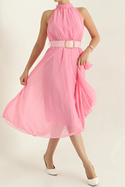 XXL BUTİK γυναικείο μίντι σιφόν φόρεμα με ζώνη μηδενικού μανίκι