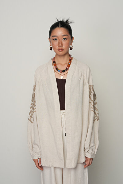 Orfeo Negro Women's Natur Kimono with Brown Embroidery on the Back
