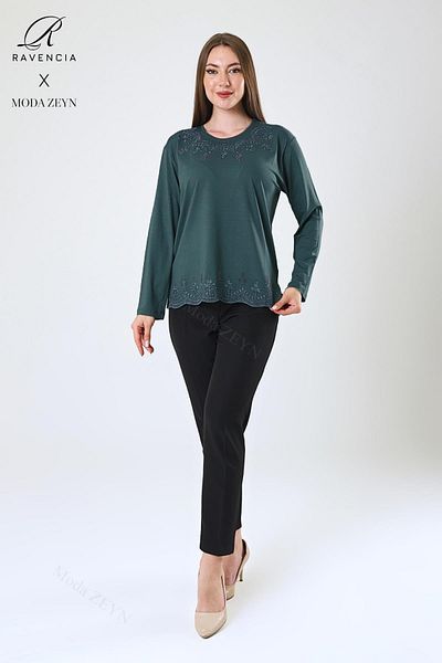 Ravencia Women's Middle Age and Above Viscose Leaf Patterned Skirt Collar Stone Embroidered Lycra Emerald Mother Combed Cotton