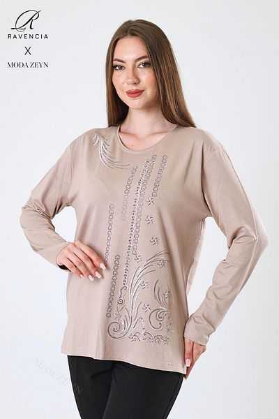 Ravencia Women's Middle Age and Above Viscose Ring Stripe Pattern Stone Embroidered Lycra Beige Mother Combed Cotton Blouse