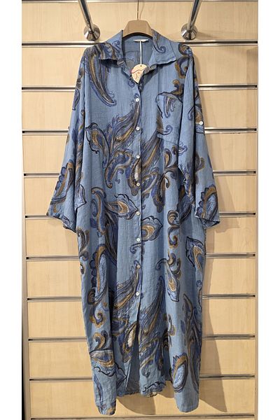 Park Moda Italian Linen Shirt Dress Shawl Pattern Buttoned