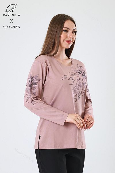 Ravencia Women's Middle Age and Above Viscose Flower Pattern Stone Embroidered Lycra Powder Mother Combed Cotton Blouse