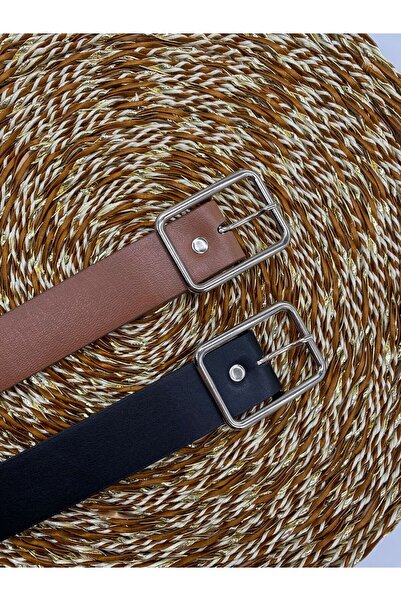 ASLIHAN KEMER حزام نسائي بإبزيم فضي أسود اللون