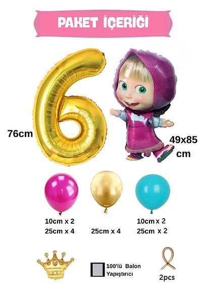 PARTİAVM 6 Years Old Licensed Large Size Bear Balloon Set with Tongs Tongs Balloon Birthday Gold Number Balloon Set
