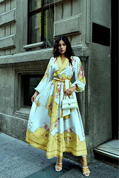 XXL BUTİK kadın kruvaze yaka desenli maxi elbise