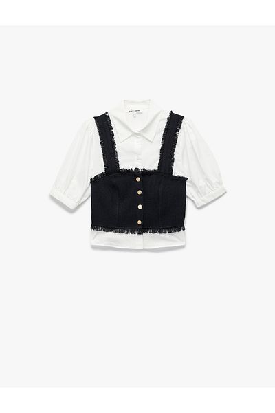 Koton Slim Fit, mâneci scurte, cu mâneci balon, cu nasturi, guler, bluză crop texturată din tweed
